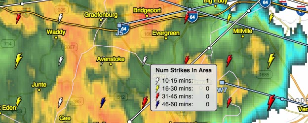 RadarLab Local screenshot, showing real-time lightning and storm tracks